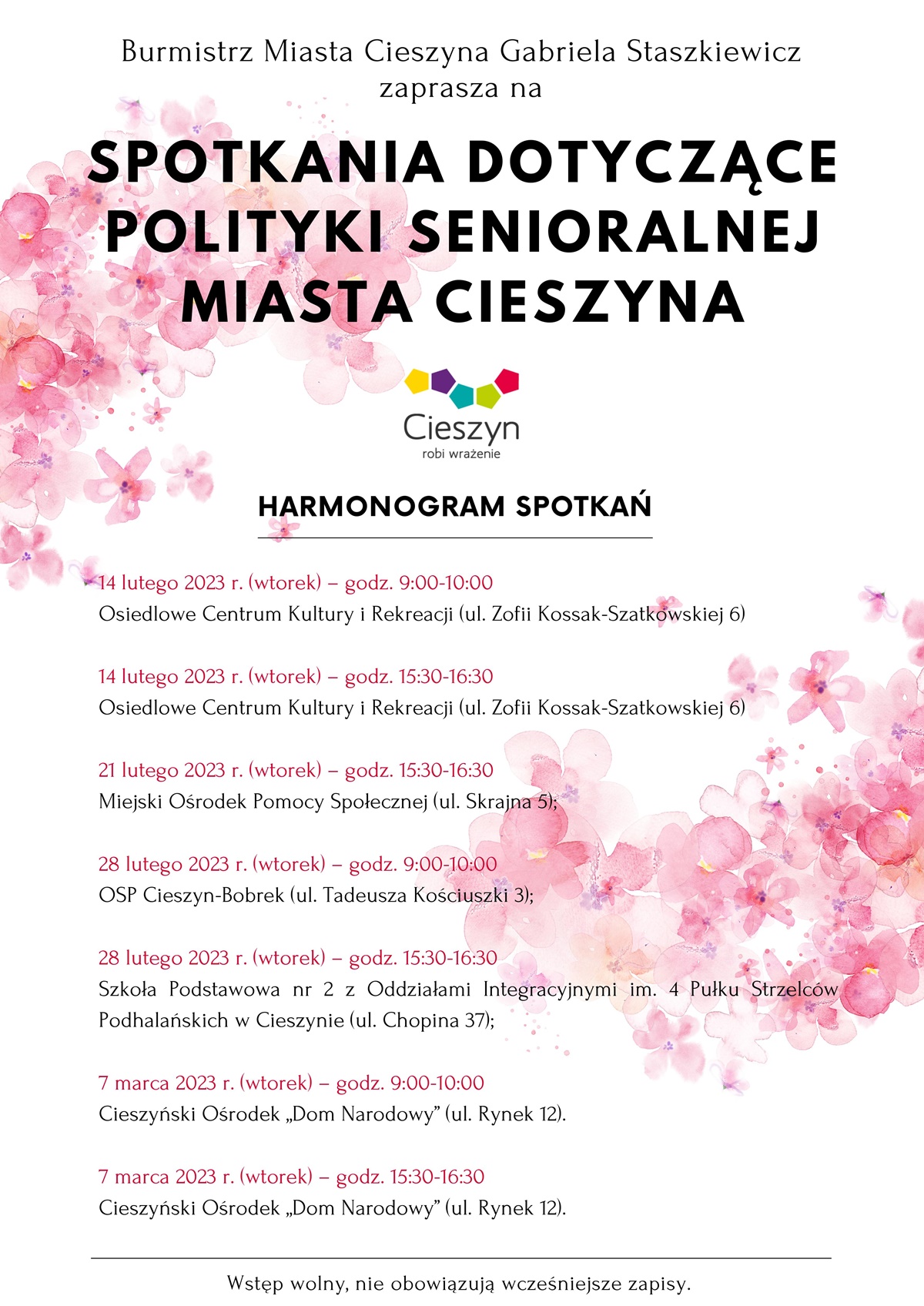 Plakat z informacją o spotkaniach w sprawie Polityki Senioralnej Gminy Cieszyn, fot. mat.pras